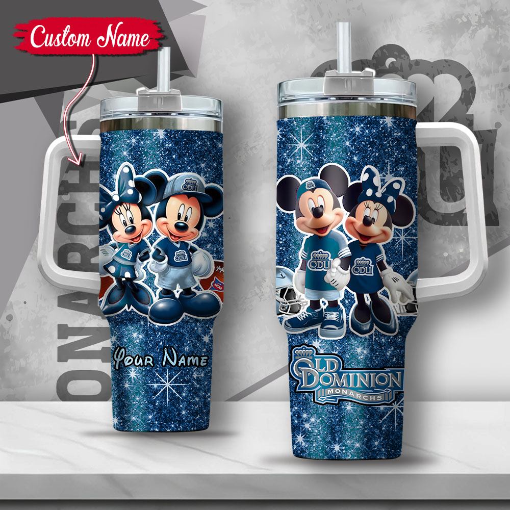 NCAA Old Dominion Monarchs Mickey And Minnie Couple Custom Stanley Quencher 40oz Stainless Steel Tumbler With Handle