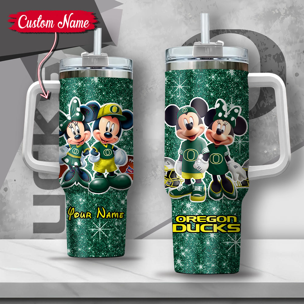 NCAA Oregon Ducks Mickey And Minnie Couple Custom Stanley Quencher 40oz Stainless Steel Tumbler With Handle