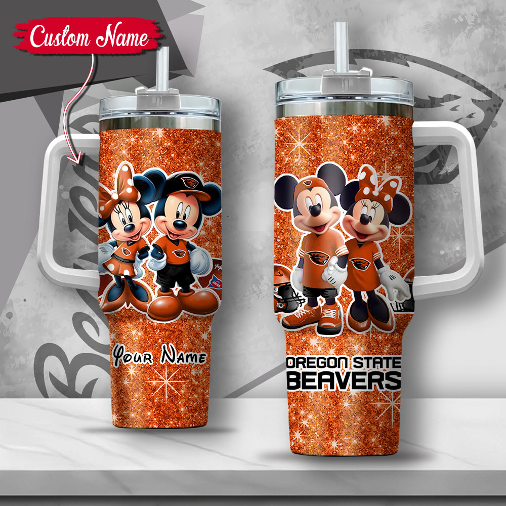NCAA Oregon State Beavers Mickey And Minnie Couple Custom Stanley Quencher 40oz Stainless Steel Tumbler With Handle