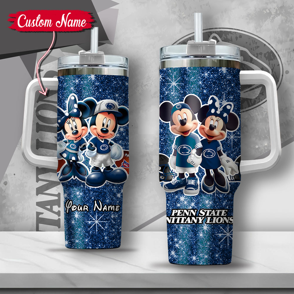 NCAA Penn State Nittany Lions Mickey And Minnie Couple Custom Stanley Quencher 40oz Stainless Steel Tumbler With Handle