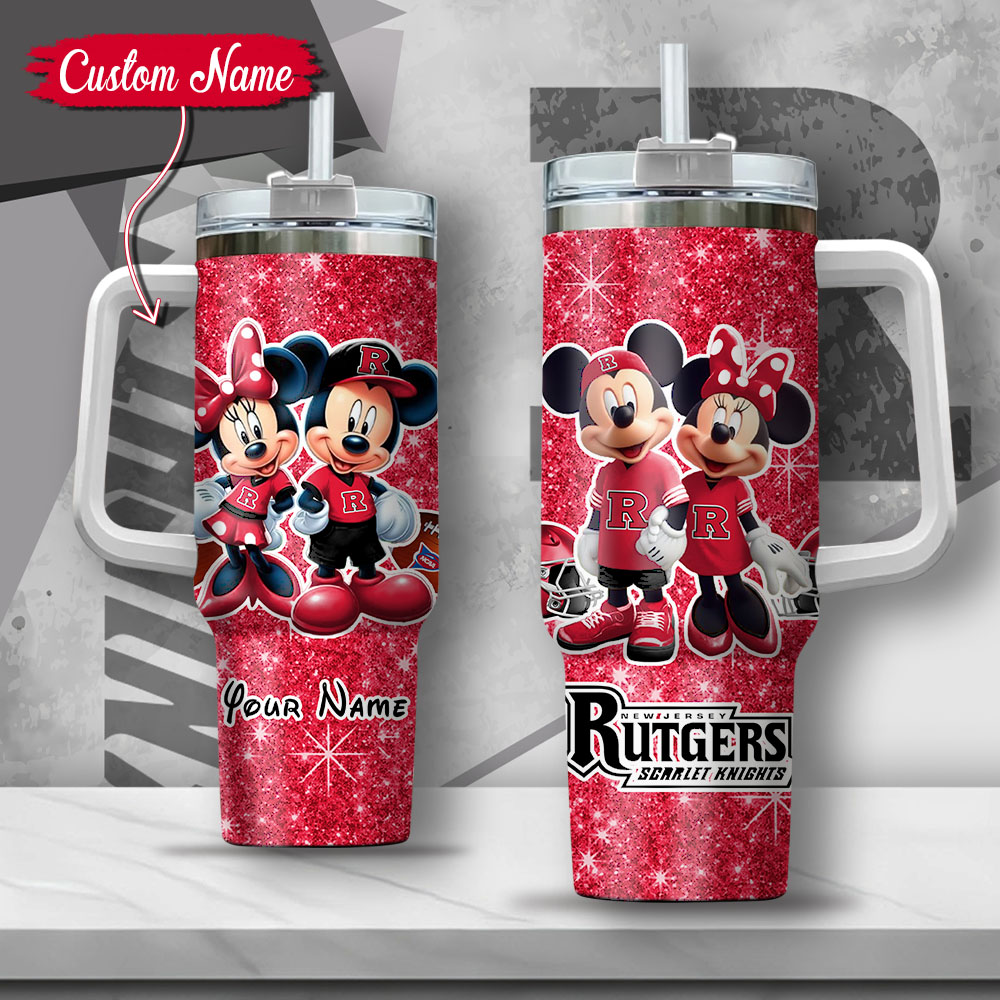 NCAA Rutgers Scarlet Knights Mickey And Minnie Couple Custom Stanley Quencher 40oz Stainless Steel Tumbler With Handle