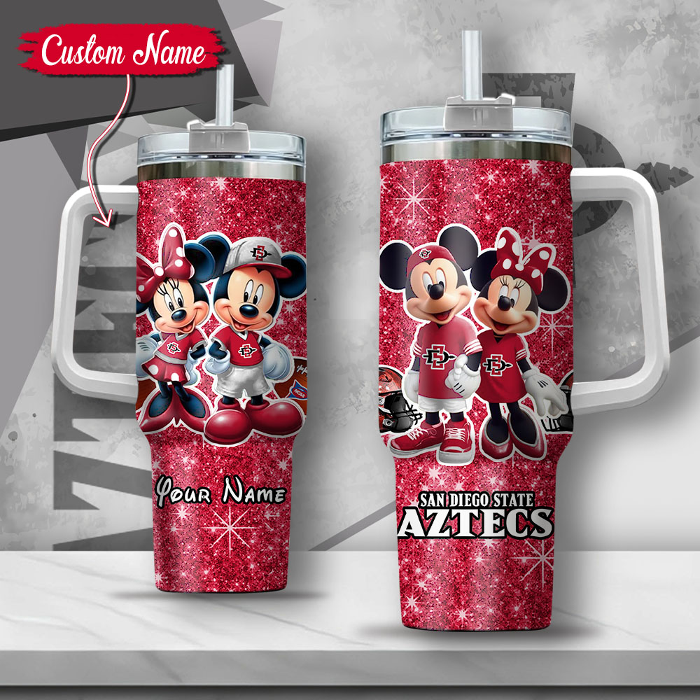 NCAA San Diego State Aztecs Mickey And Minnie Couple Custom Stanley Quencher 40oz Stainless Steel Tumbler With Handle
