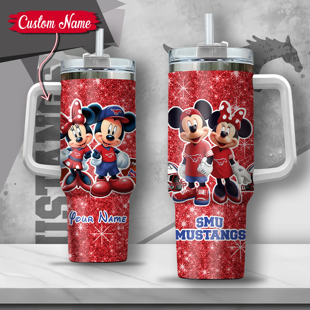 NCAA SMU Mustangs Mickey And Minnie Couple Custom Stanley Quencher 40oz Stainless Steel Tumbler With Handle