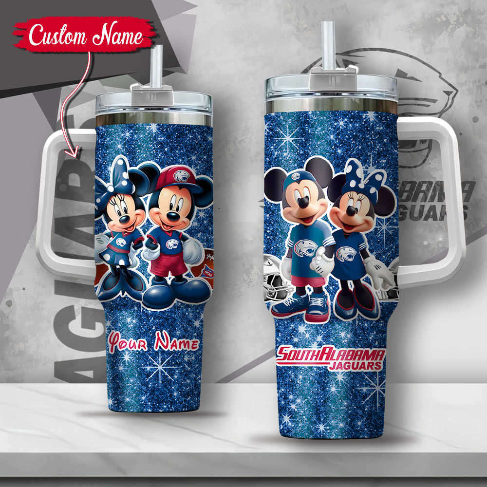 NCAA South Alabama Jaguars Mickey And Minnie Couple Custom Stanley Quencher 40oz Stainless Steel Tumbler With Handle