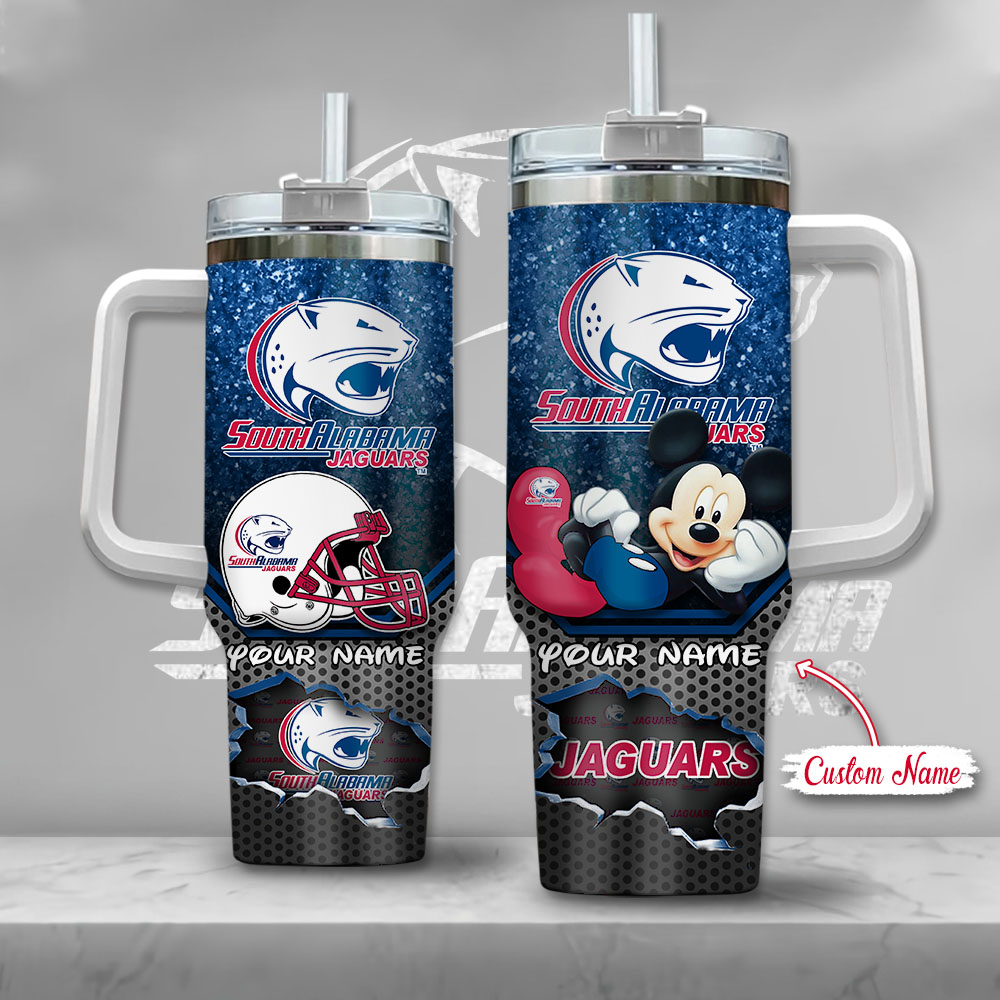 NCAA South Alabama Jaguars Mickey Mouse Custom Stanley Quencher 40oz Stainless Steel Tumbler With Handle