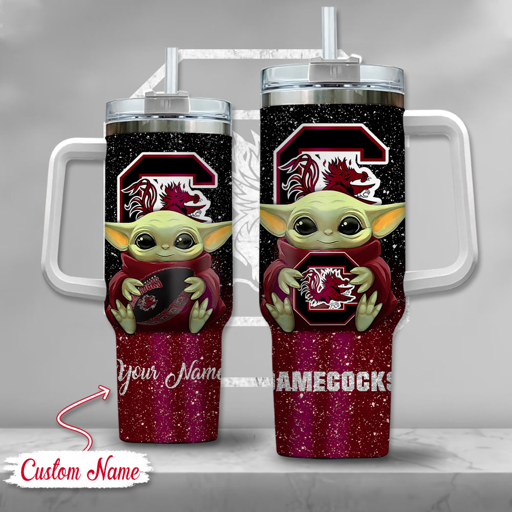 NCAA South Carolina Gamecocks Baby Yoda Custom Stanley Quencher 40oz Stainless Steel Tumbler With Handle