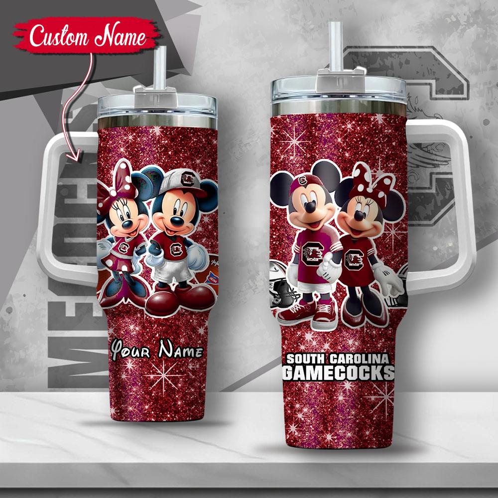 NCAA South Carolina Gamecocks Mickey And Minnie Couple Custom Stanley Quencher 40oz Stainless Steel Tumbler With Handle