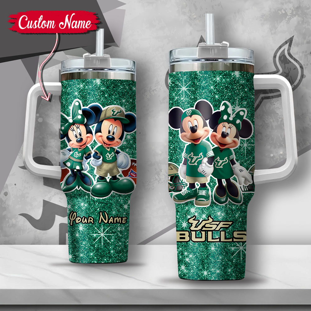 NCAA South Florida Bulls Mickey And Minnie Couple Custom Stanley Quencher 40oz Stainless Steel Tumbler With Handle