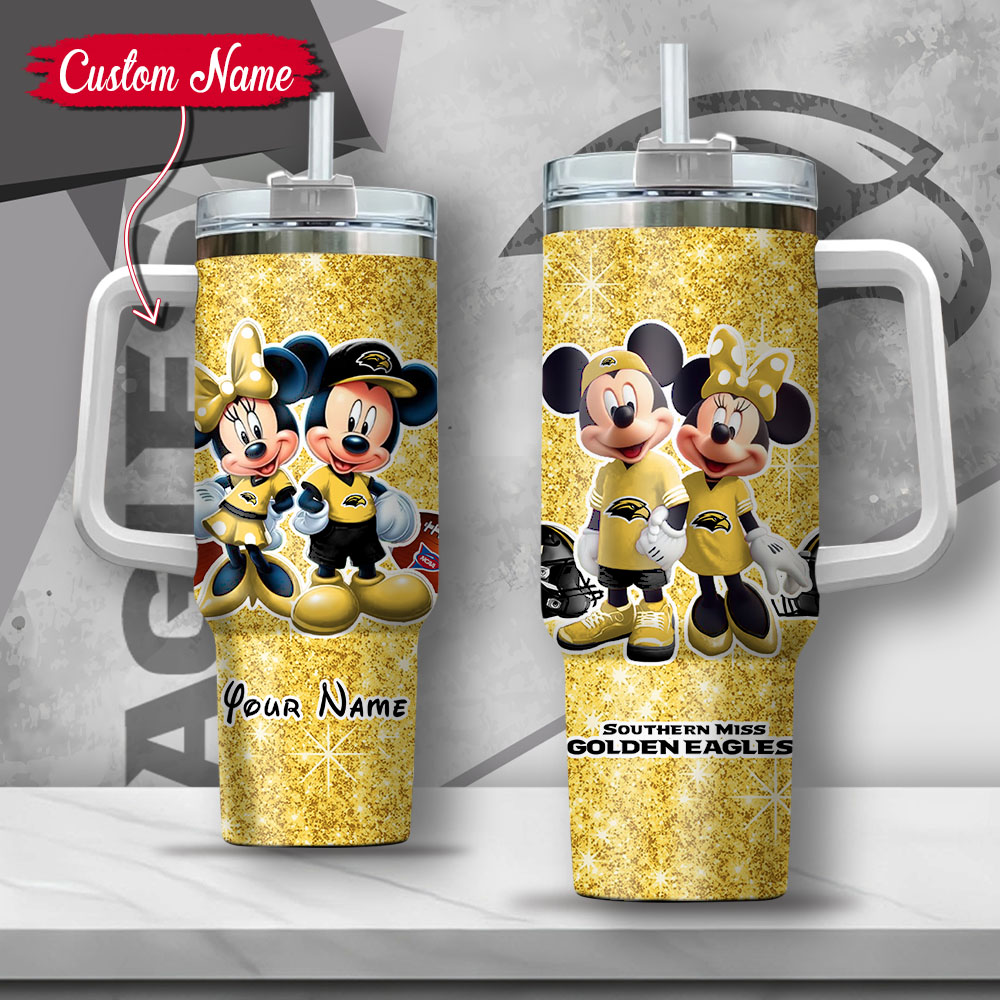 NCAA Southern Miss Golden Eagles Mickey And Minnie Couple Custom Stanley Quencher 40oz Stainless Steel Tumbler With Handle