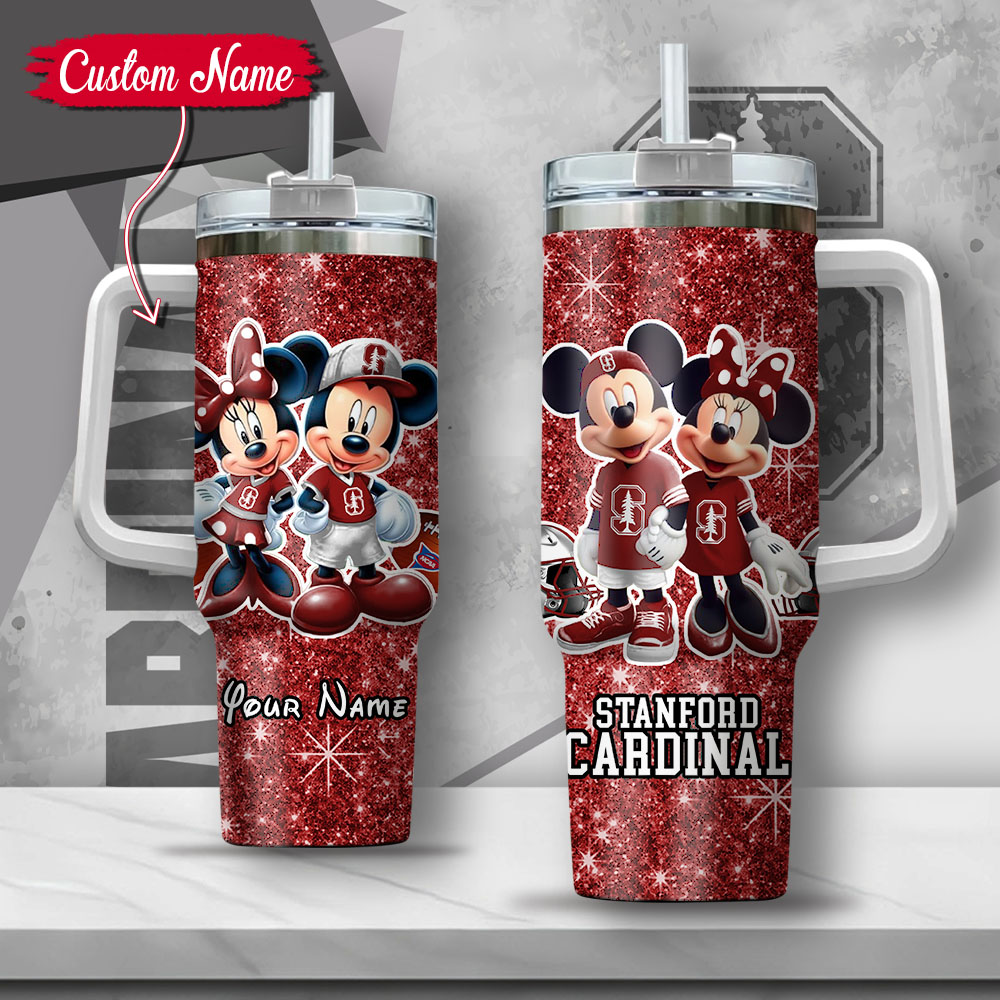 NCAA Stanford Cardinal Mickey And Minnie Couple Custom Stanley Quencher 40oz Stainless Steel Tumbler With Handle