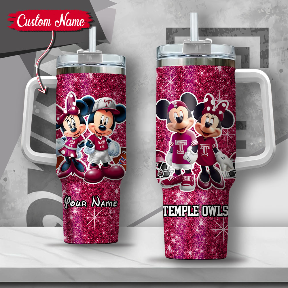 NCAA Temple Owls Mickey And Minnie Couple Custom Stanley Quencher 40oz Stainless Steel Tumbler With Handle