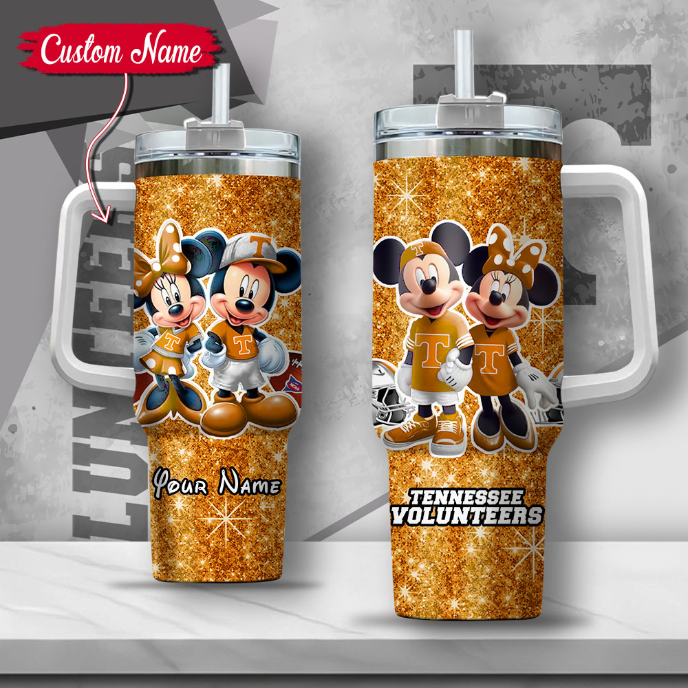 NCAA Tennessee Volunteers Mickey And Minnie Couple Custom Stanley Quencher 40oz Stainless Steel Tumbler With Handle