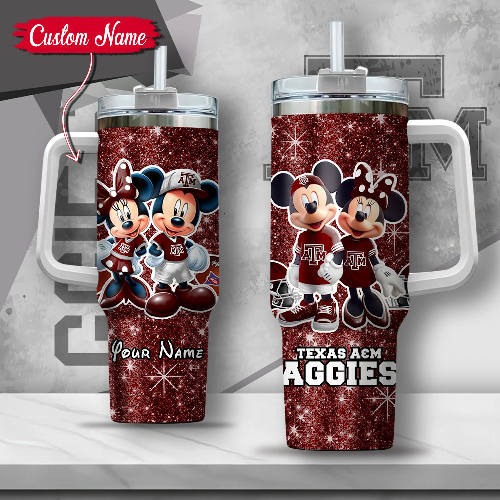 NCAA Texas A&M Aggies Mickey And Minnie Couple Custom Stanley Quencher 40oz Stainless Steel Tumbler With Handle