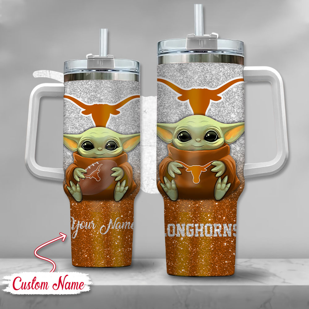 NCAA Texas Longhorns Baby Yoda Custom Stanley Quencher 40oz Stainless Steel Tumbler With Handle