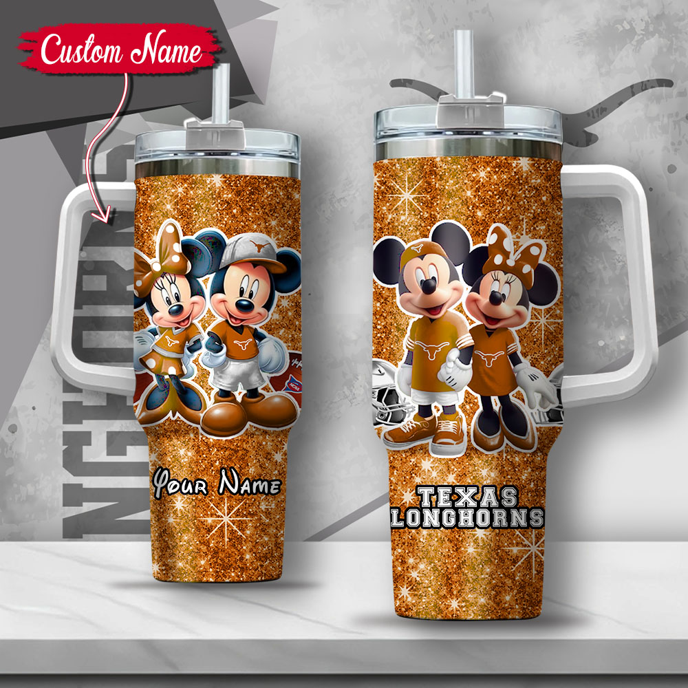 NCAA Texas Longhorns Mickey And Minnie Couple Custom Stanley Quencher 40oz Stainless Steel Tumbler With Handle