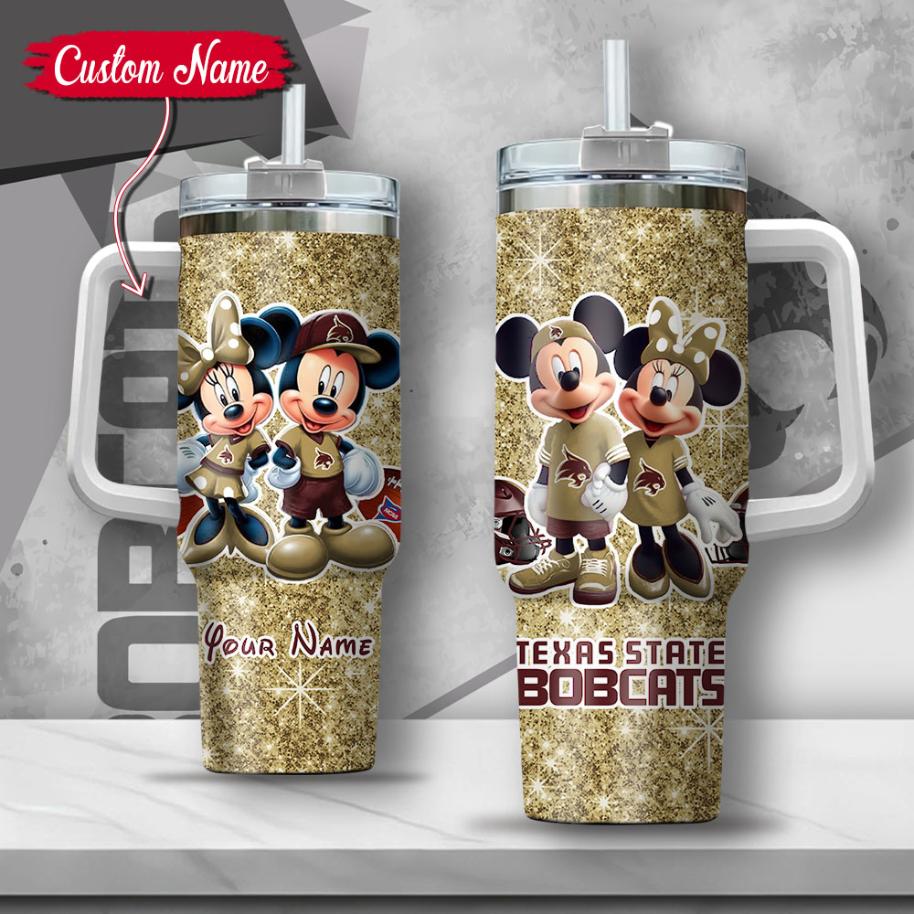 NCAA Texas State Bobcats Mickey And Minnie Couple Custom Stanley Quencher 40oz Stainless Steel Tumbler With Handle