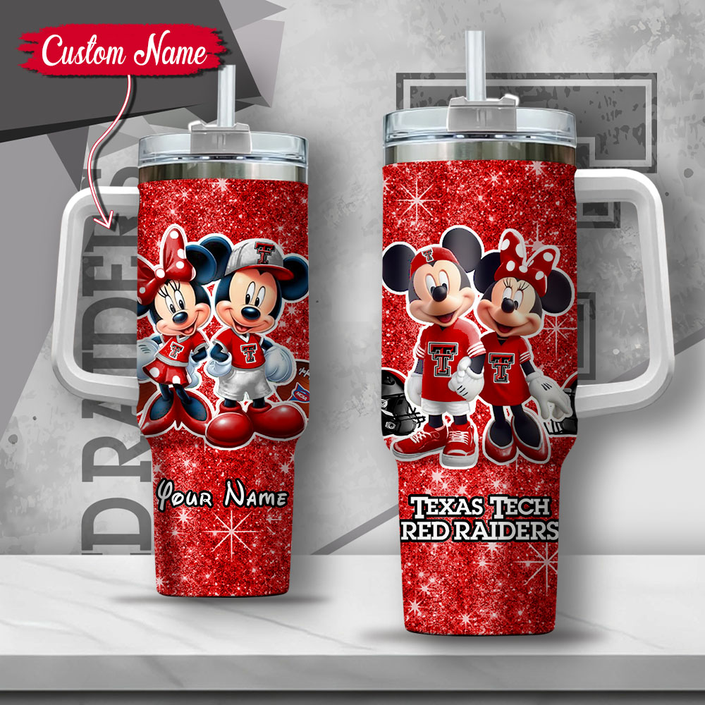 NCAA Texas Tech Red Raiders Mickey And Minnie Couple Custom Stanley Quencher 40oz Stainless Steel Tumbler With Handle