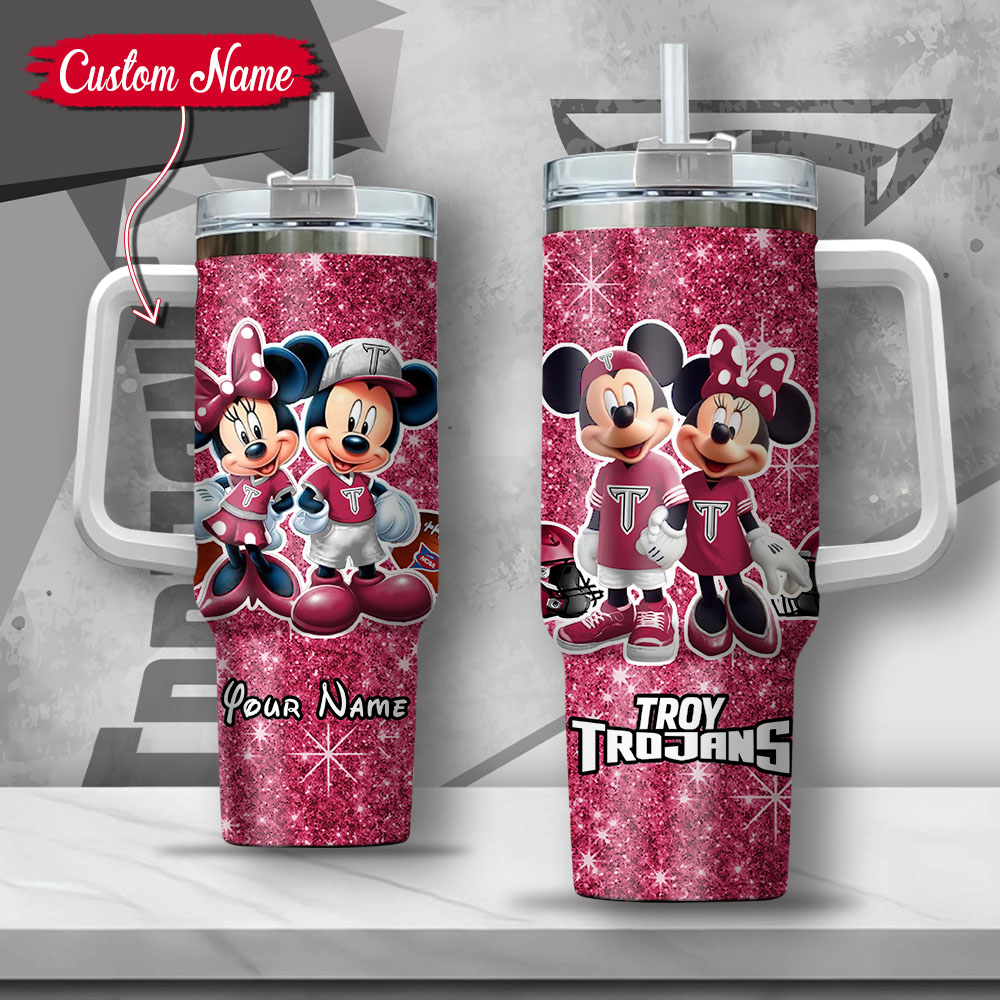 NCAA Troy Trojans Mickey And Minnie Couple Custom Stanley Quencher 40oz Stainless Steel Tumbler With Handle