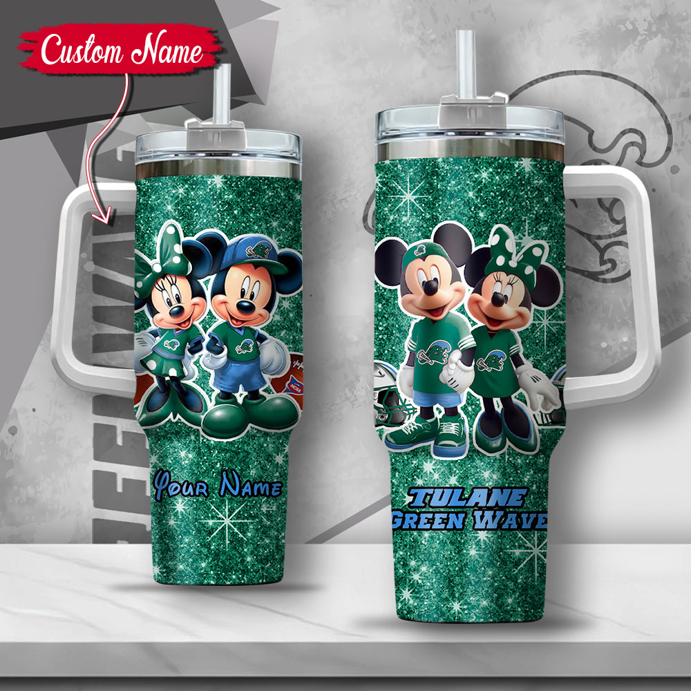 NCAA Tulane Green Wave Mickey And Minnie Couple Custom Stanley Quencher 40oz Stainless Steel Tumbler With Handle