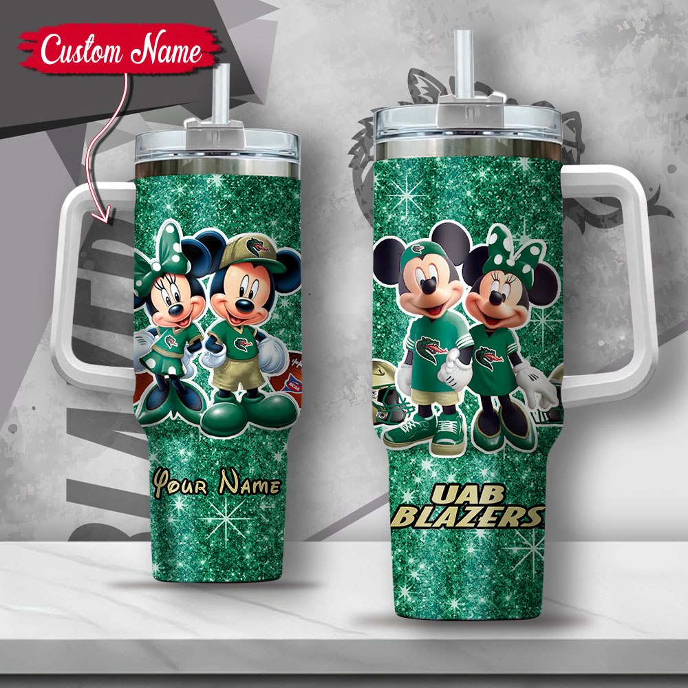 NCAA UAB Blazers Mickey And Minnie Couple Custom Stanley Quencher 40oz Stainless Steel Tumbler With Handle