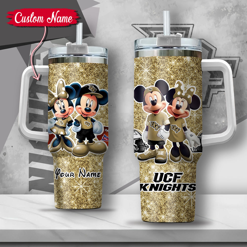 NCAA UCF Knights Mickey And Minnie Couple Custom Stanley Quencher 40oz Stainless Steel Tumbler With Handle
