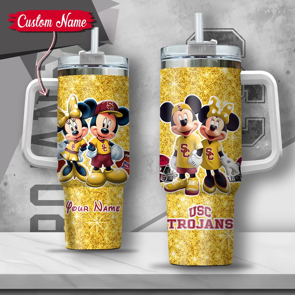 NCAA USC Trojans Mickey And Minnie Couple Custom Stanley Quencher 40oz Stainless Steel Tumbler With Handle