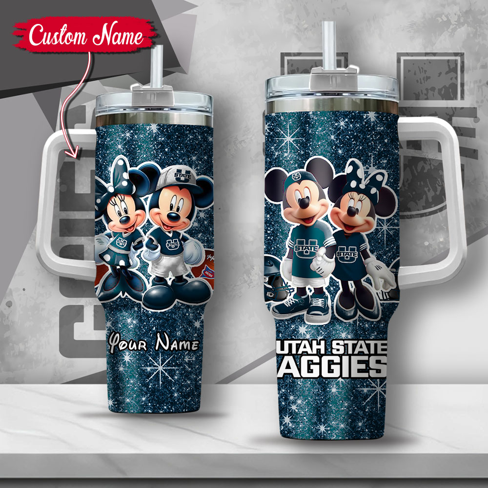 NCAA Utah State Aggies Mickey And Minnie Couple Custom Stanley Quencher 40oz Stainless Steel Tumbler With Handle
