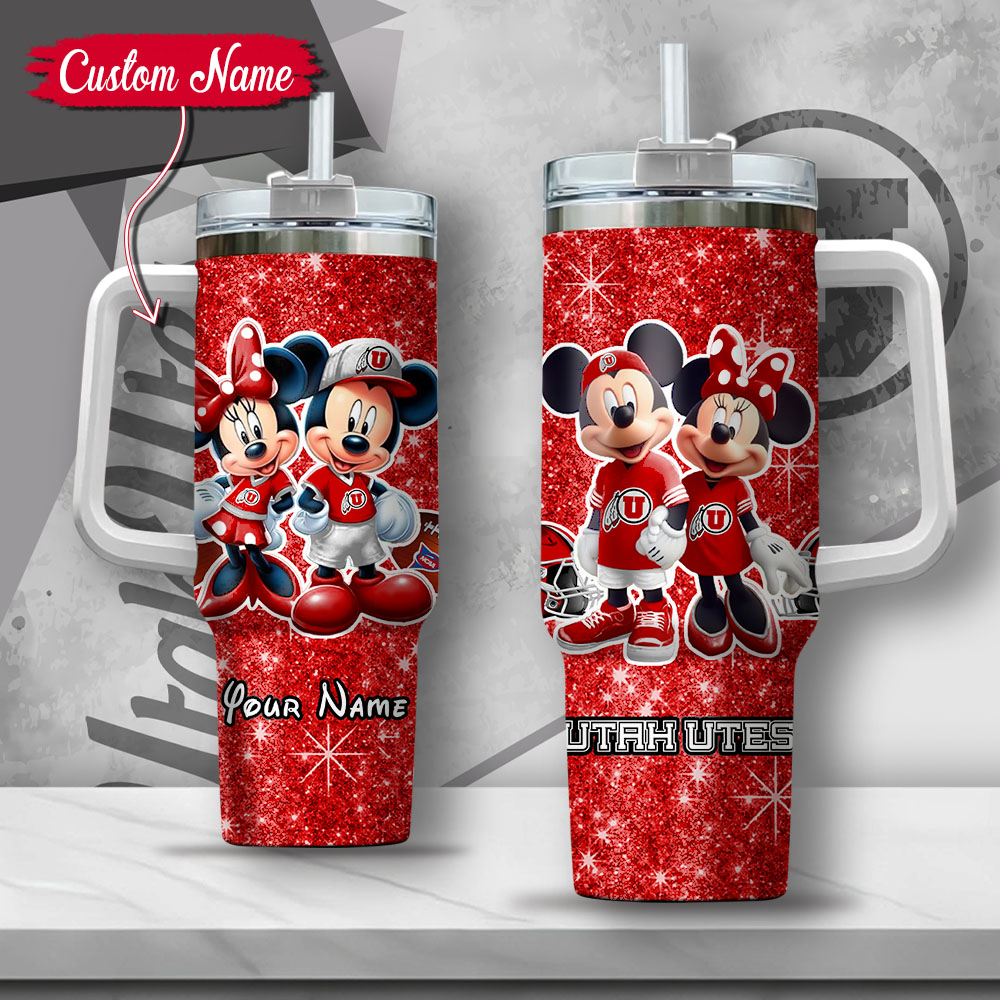 NCAA Utah Utes Mickey And Minnie Couple Custom Stanley Quencher 40oz Stainless Steel Tumbler With Handle