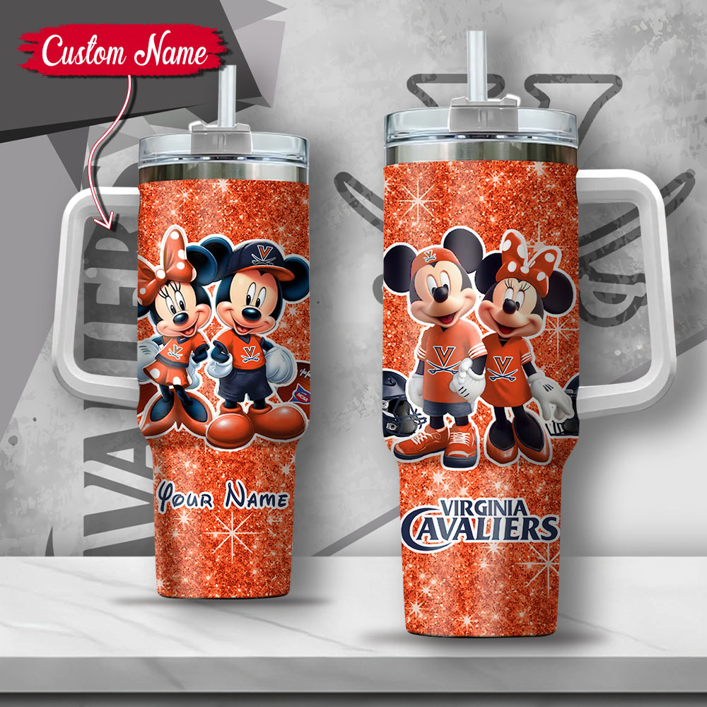NCAA Virginia Cavaliers Mickey And Minnie Couple Custom Stanley Quencher 40oz Stainless Steel Tumbler With Handle