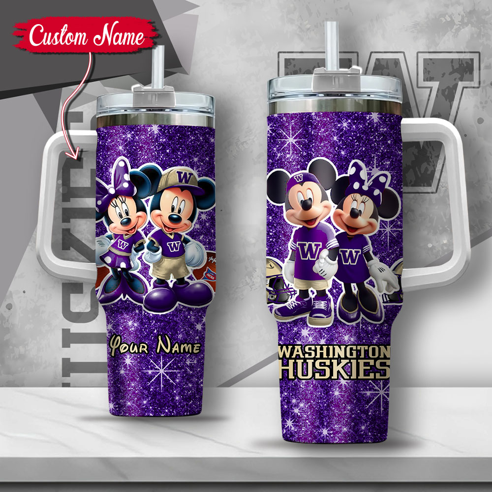 NCAA Washington Huskies Mickey And Minnie Couple Custom Stanley Quencher 40oz Stainless Steel Tumbler With Handle