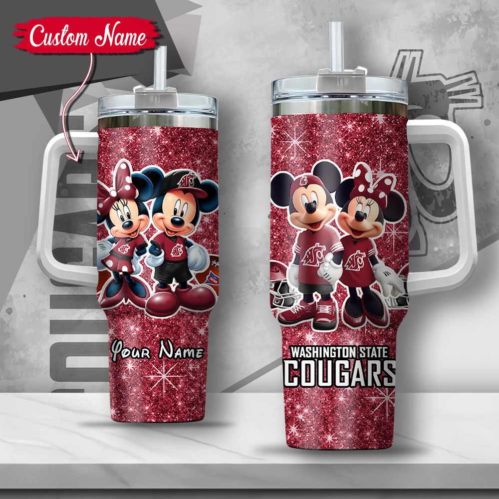 NCAA Washington State Cougars Mickey And Minnie Couple Custom Stanley Quencher 40oz Stainless Steel Tumbler With Handle