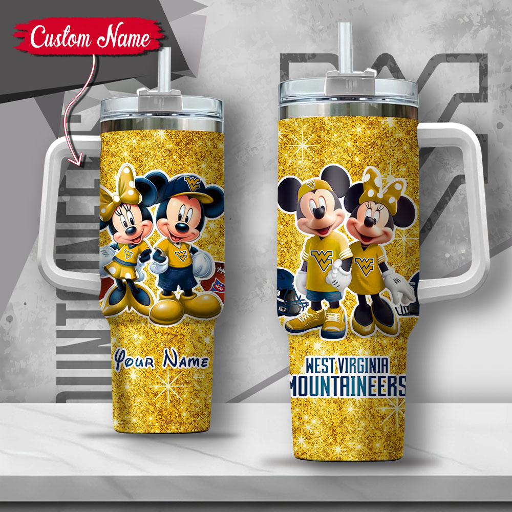 NCAA West Virginia Mountaineers Mickey And Minnie Couple Custom Stanley Quencher 40oz Stainless Steel Tumbler With Handle
