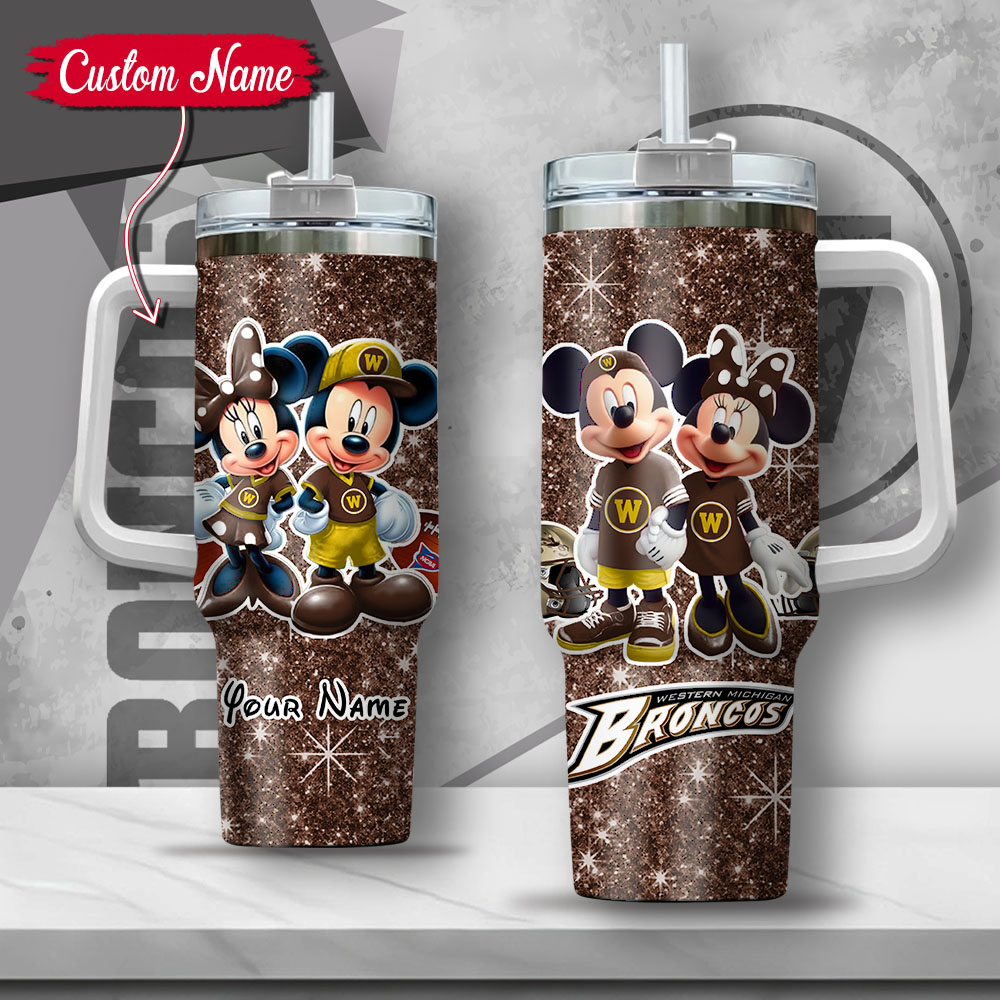 NCAA Western Michigan Broncos Mickey And Minnie Couple Custom Stanley Quencher 40oz Stainless Steel Tumbler With Handle