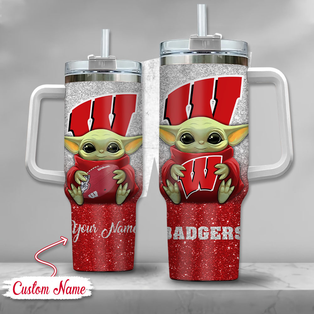 NCAA Wisconsin Badgers Baby Yoda Custom Stanley Quencher 40oz Stainless Steel Tumbler With Handle