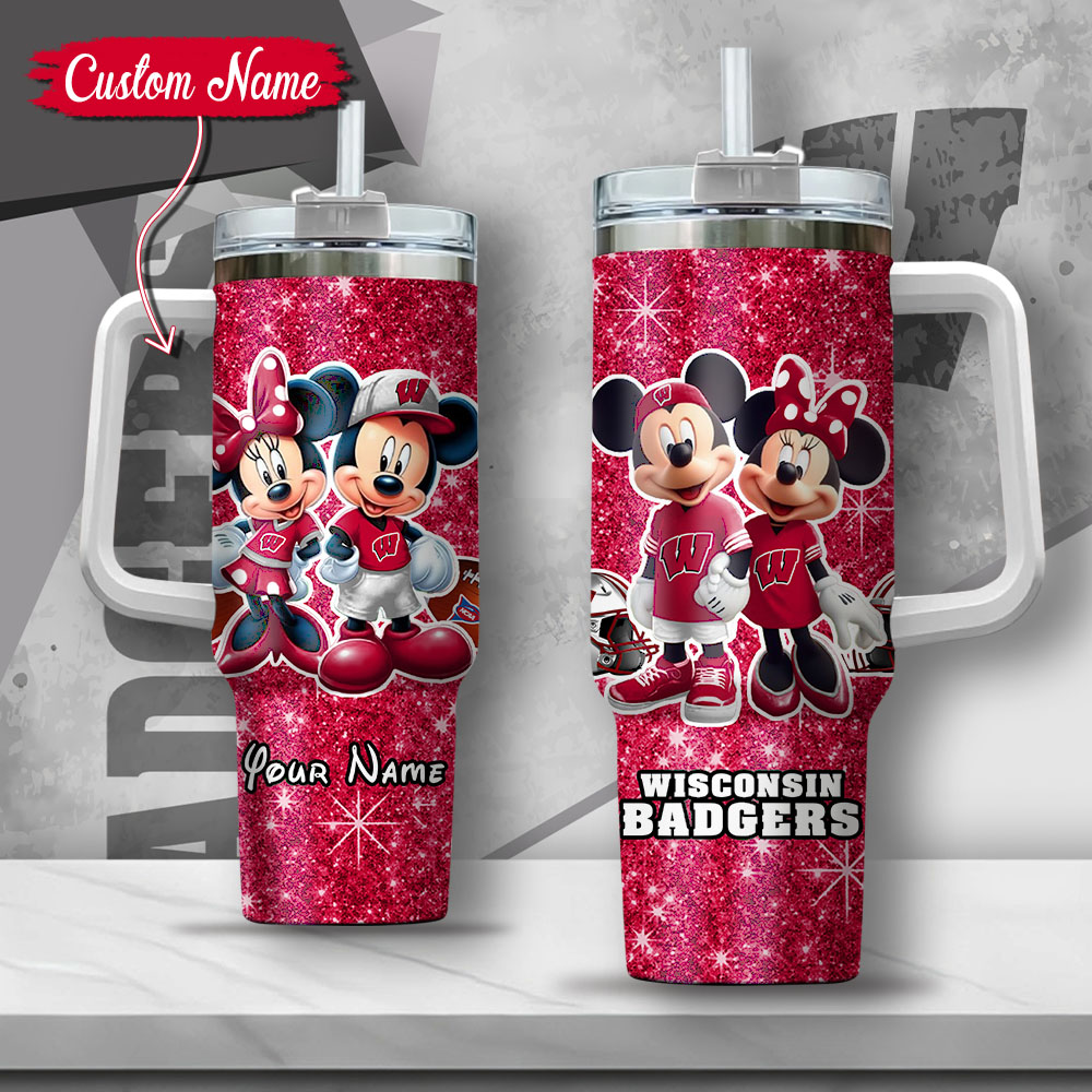 NCAA Wisconsin Badgers Mickey And Minnie Couple Custom Stanley Quencher 40oz Stainless Steel Tumbler With Handle