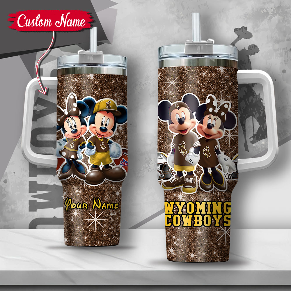 NCAA Wyoming Cowboys Mickey And Minnie Couple Custom Stanley Quencher 40oz Stainless Steel Tumbler With Handle