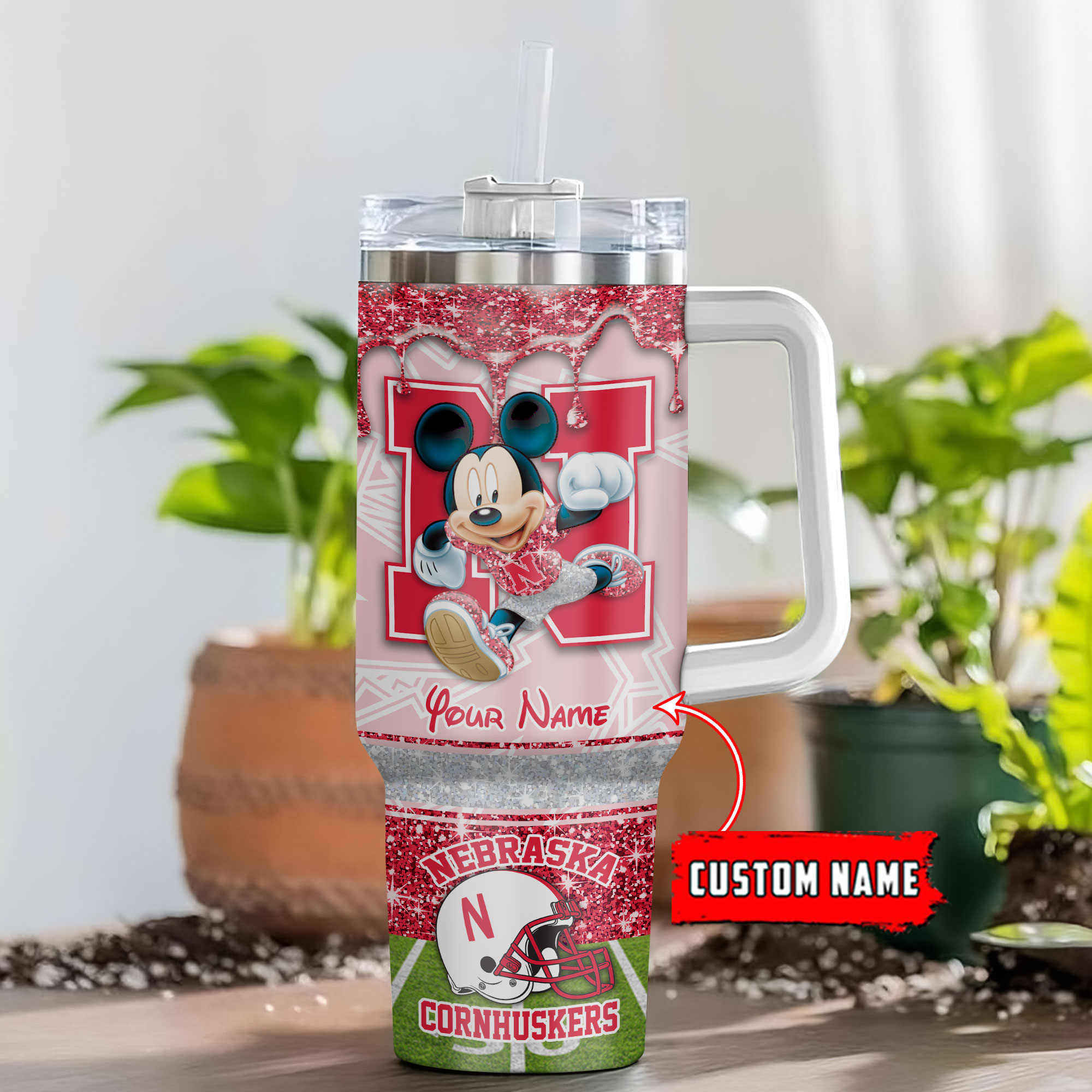 Nebraska Cornhuskers NCAA Mickey Mouse Glitter Custom Stanley Quencher 40oz Stainless Steel Tumbler With Handle