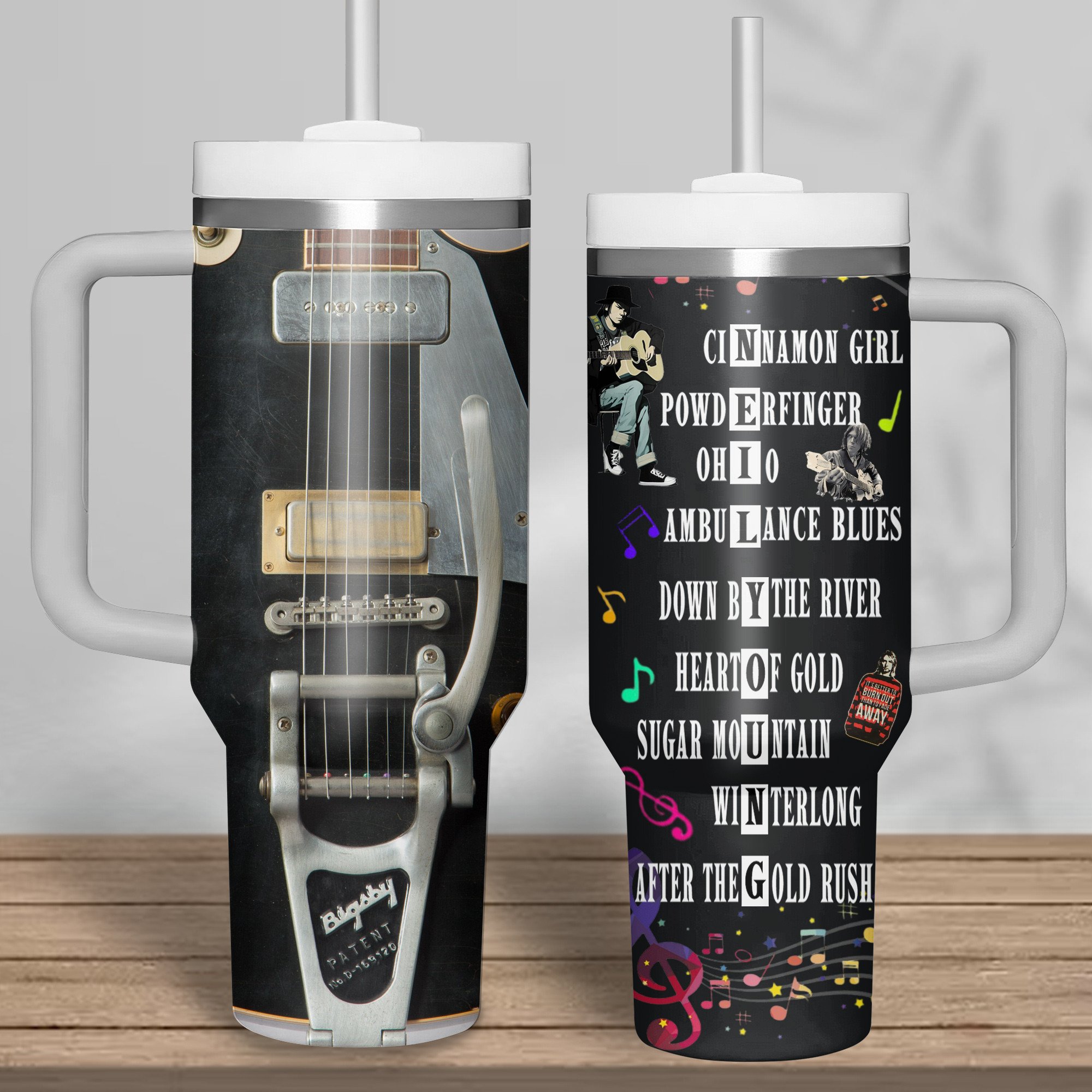 Neil Young Music Custom Stanley Quencher 40oz Stainless Steel Tumbler With Handle