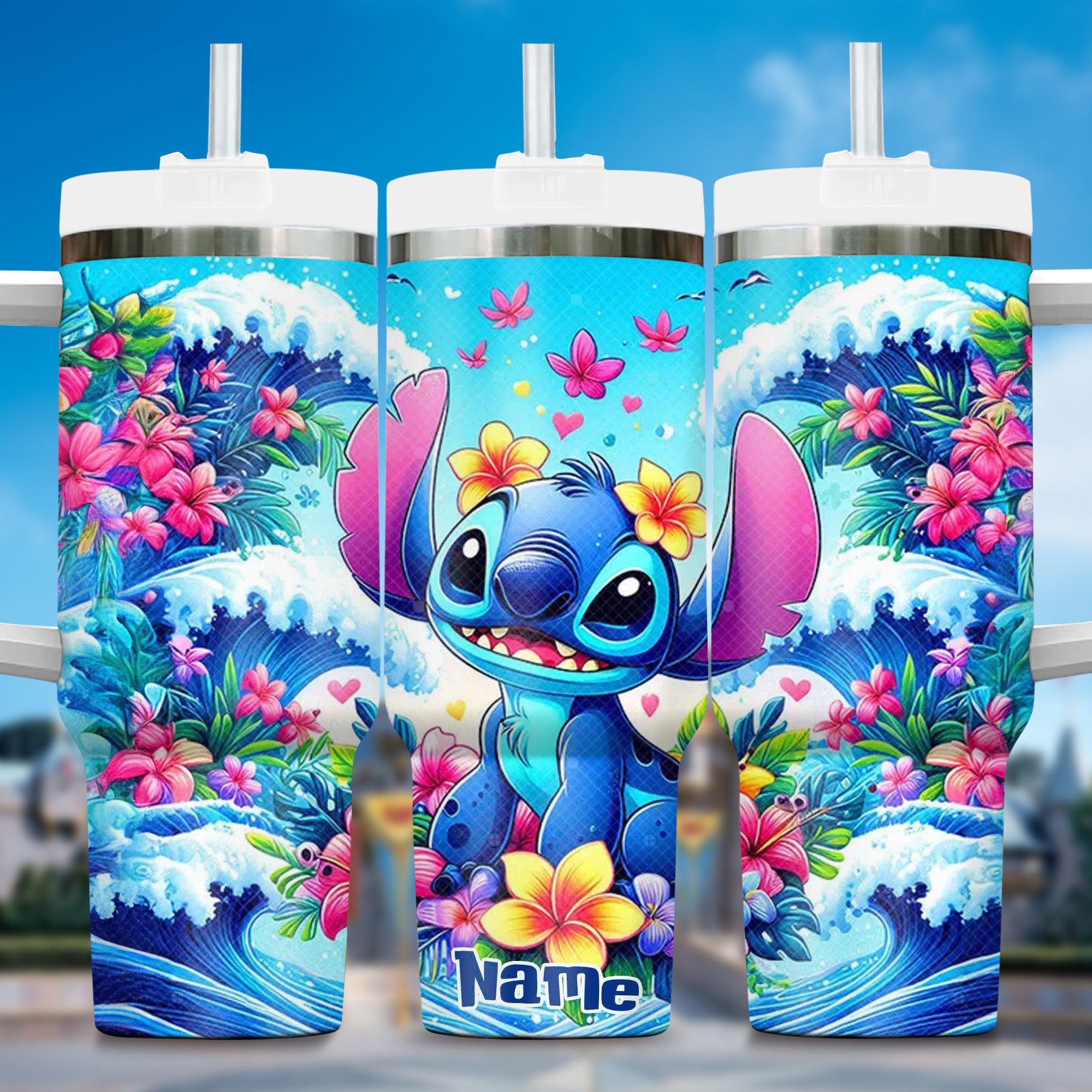 Neon Light Colorful Stitch Cartoon Custom Stanley Quencher 40oz Stainless Steel Tumbler With Handle