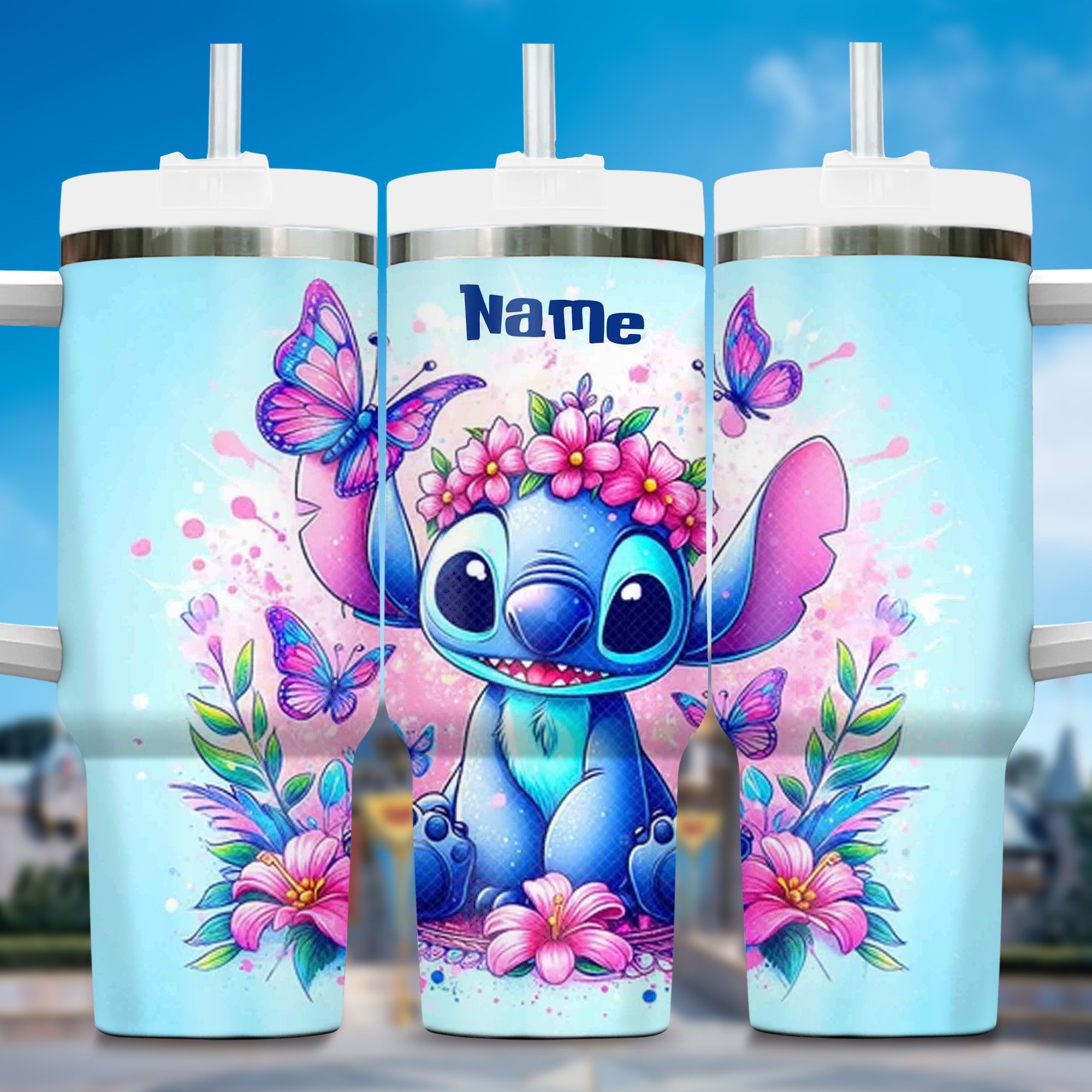 Neon Light Colorful Stitch Cartoon Custom Stanley Quencher 40oz Stainless Steel Tumbler With Handle