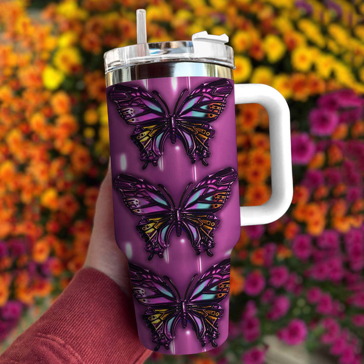 Neon Purple Butterfly Custom Stanley Quencher 40oz Stainless Steel Tumbler With Handle