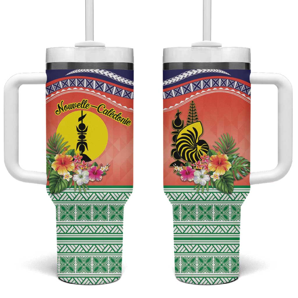 New Caledonia Nautilus Shell Polynesian Tropical Flowers Custom Stanley Quencher 40oz Stainless Steel Tumbler With Handle
