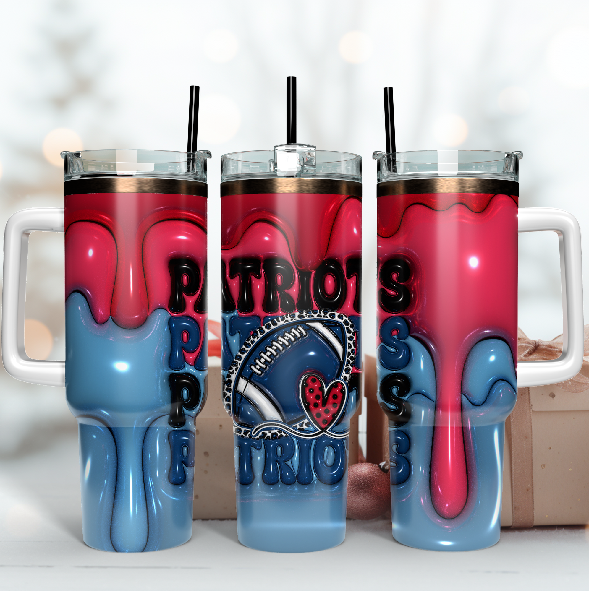 New England Patriots NFL 3D Inflated Puff Effect Custom Stanley Quencher 40oz Stainless Steel Tumbler With Handle