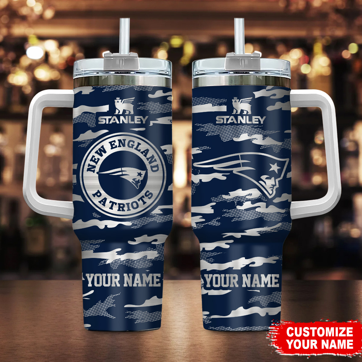 New England Patriots NFL Camo Pattern Custom Stanley Quencher 40oz Stainless Steel Tumbler With Handle