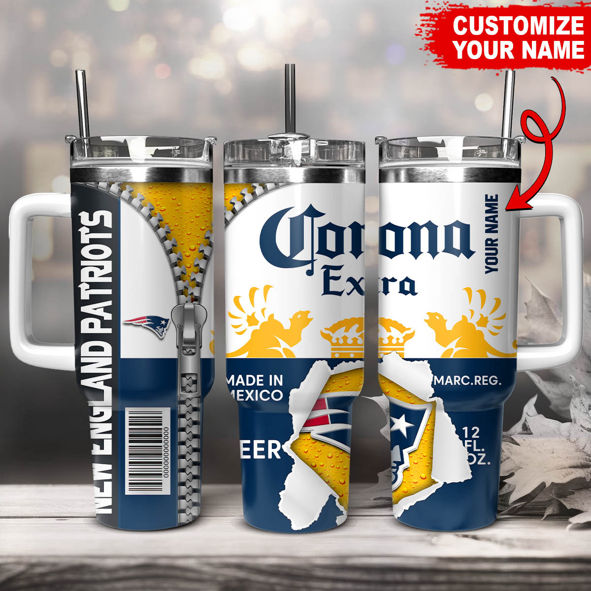 New England Patriots NFL Corona Extra Custom Stanley Quencher 40oz Stainless Steel Tumbler With Handle