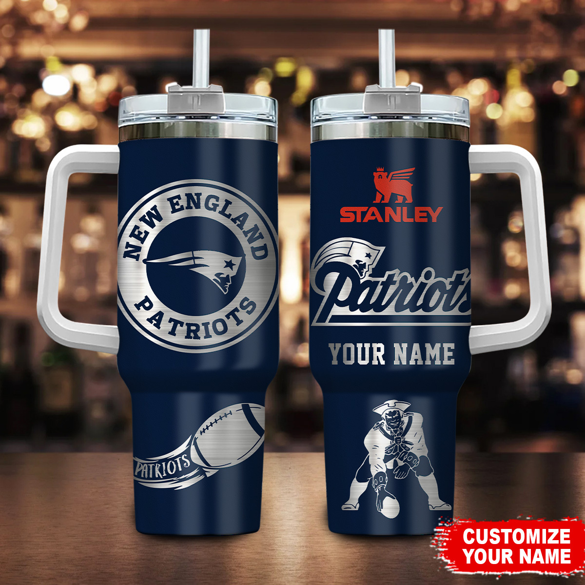 New England Patriots NFL Custom Stanley Quencher 40oz Stainless Steel Tumbler With Handle