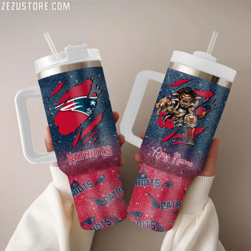 New England Patriots NFL Glitter Custom Stanley Quencher 40oz Stainless Steel Tumbler With Handle