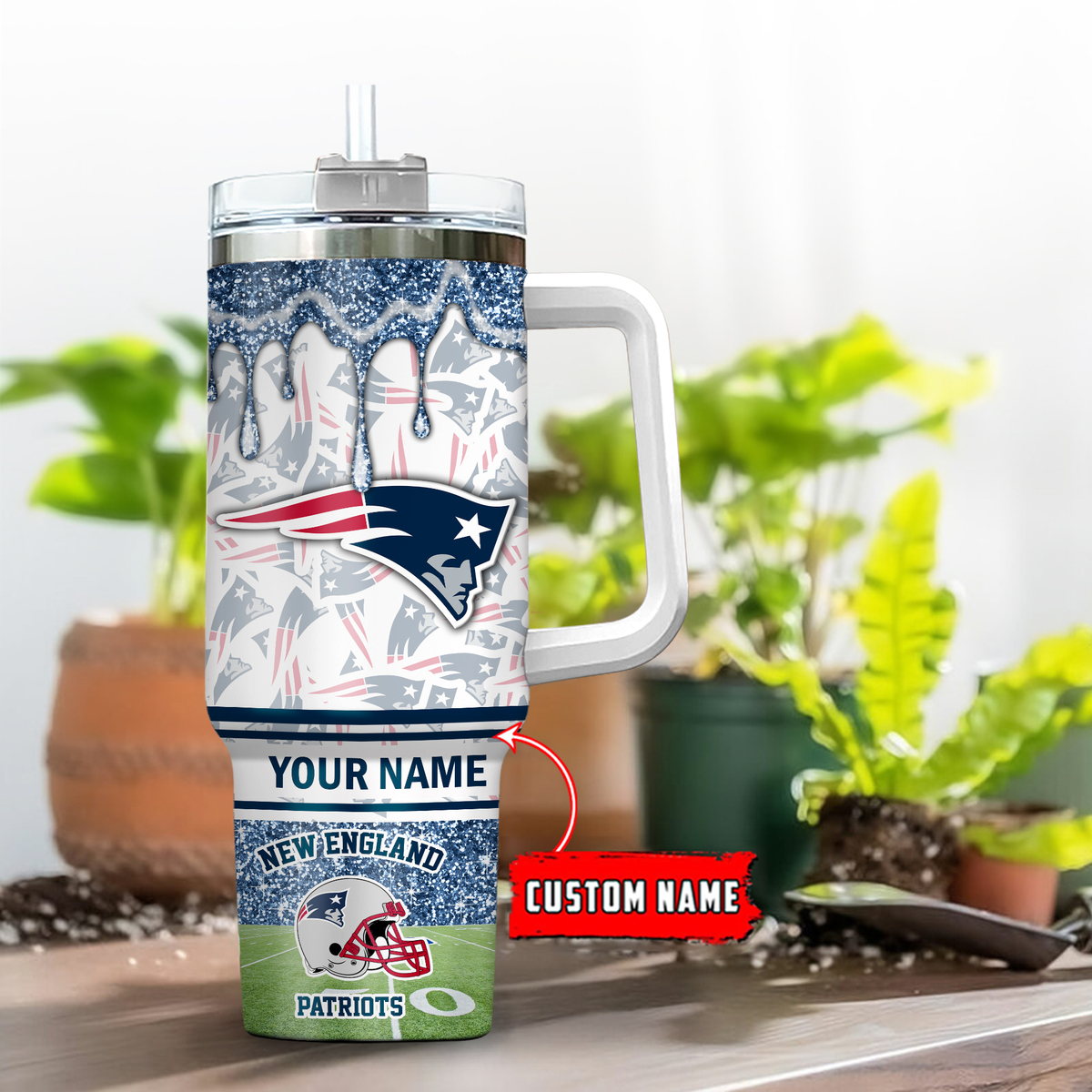 New England Patriots NFL Glitter Custom Stanley Quencher 40oz Stainless Steel Tumbler With Handle
