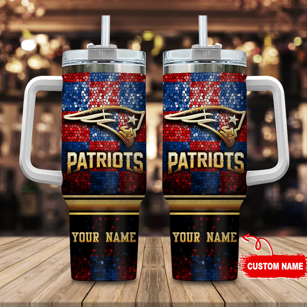 New England Patriots NFL Glitter Golden Logo Custom Stanley Quencher 40oz Stainless Steel Tumbler With Handle