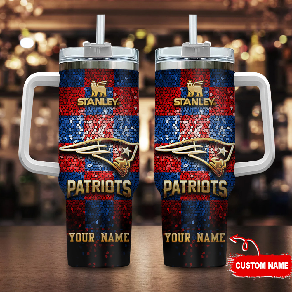 New England Patriots NFL Glitter Golden Logo Custom Stanley Quencher 40oz Stainless Steel Tumbler With Handle